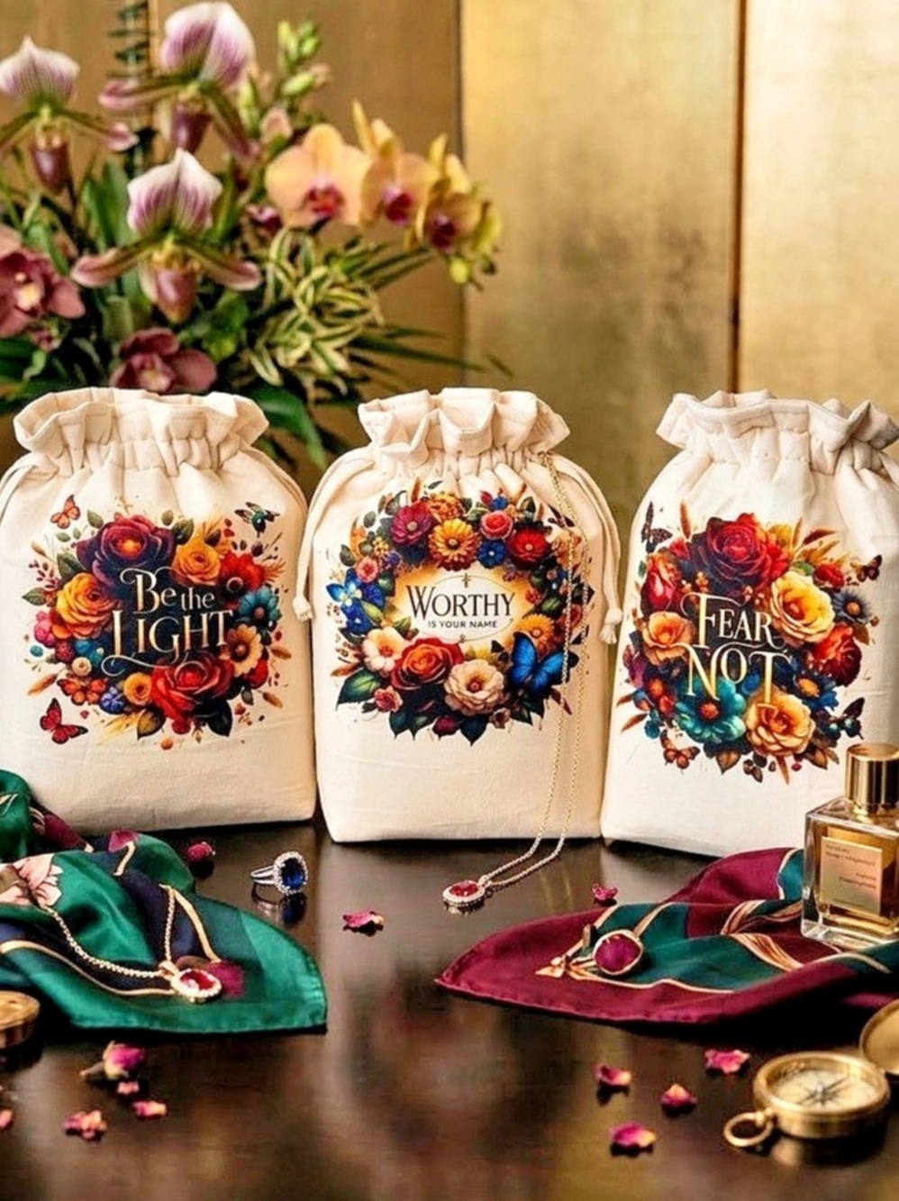Floral Drawstring Pouches in White & Red